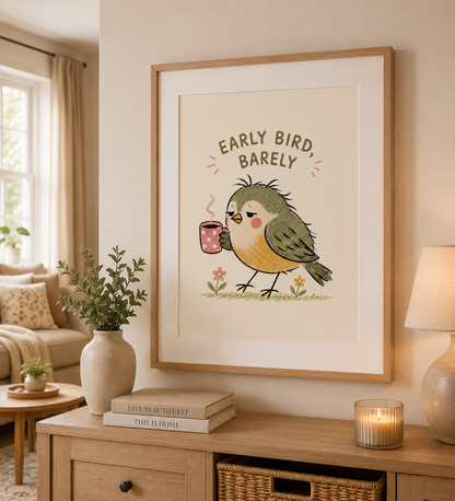 Coffee lover wall art with hand drawn bird illustration and humorous quote