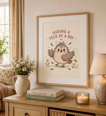 Cottagecore bird print featuring flustered bird and humorous quote