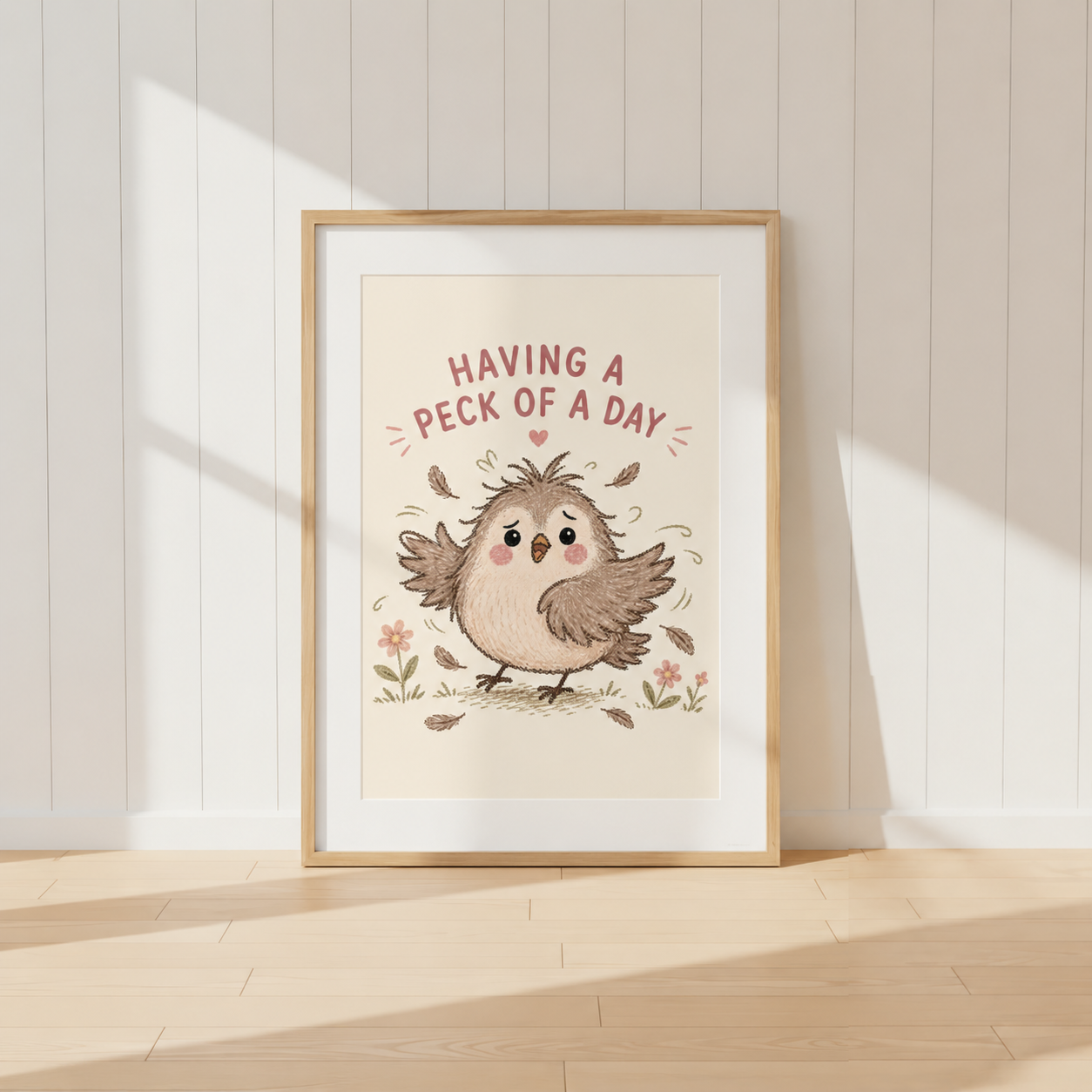 Having A Peck Of A Day funny bird wall art in light oak frame