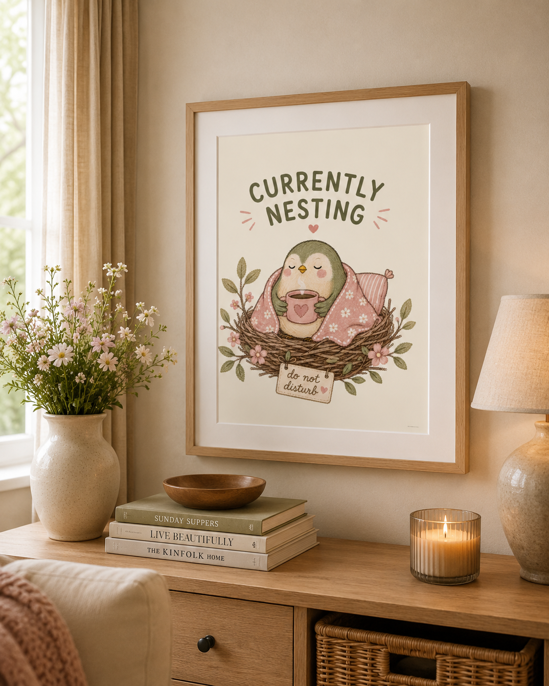 Cottagecore bird wall art showing relaxing bird in nest with floral details