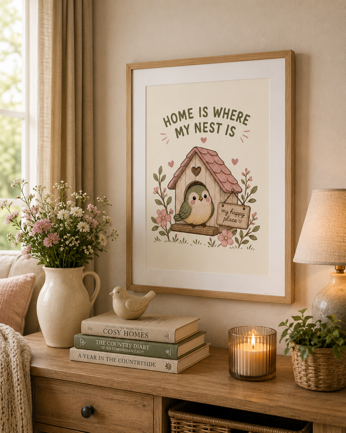 Cottagecore bird wall art with birdhouse design and countryside styling