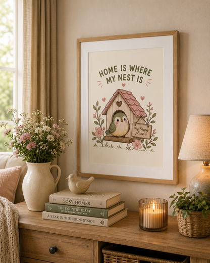 Cottagecore bird wall art with birdhouse design and countryside styling