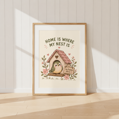 Home Is Where My Nest Is bird print featuring birdhouse and floral illustration