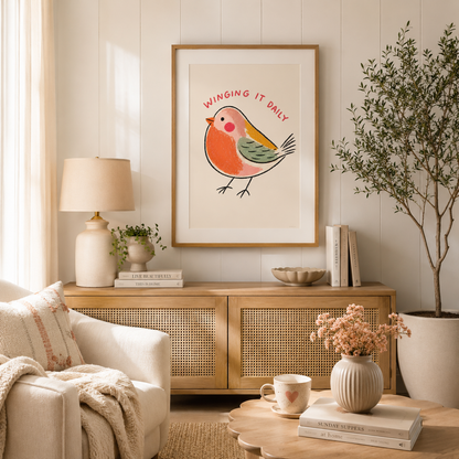Colourful robin illustration print featuring humorous Winging It Daily text.