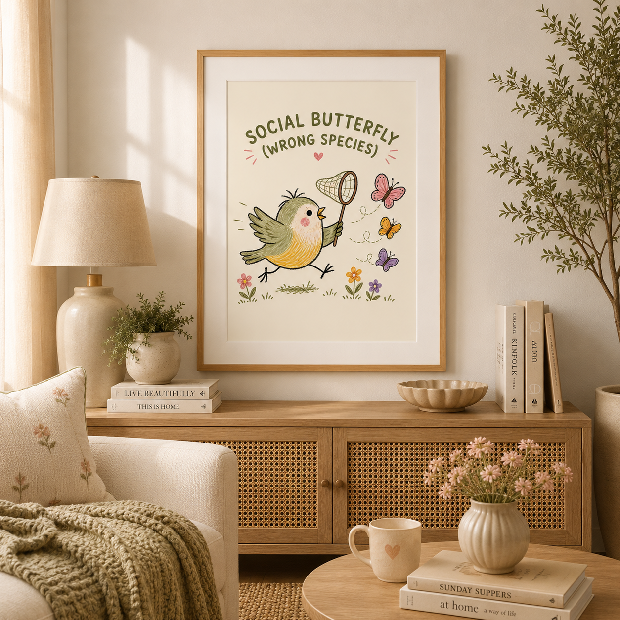 Humorous introvert bird print showing a bird chasing colourful butterflies.