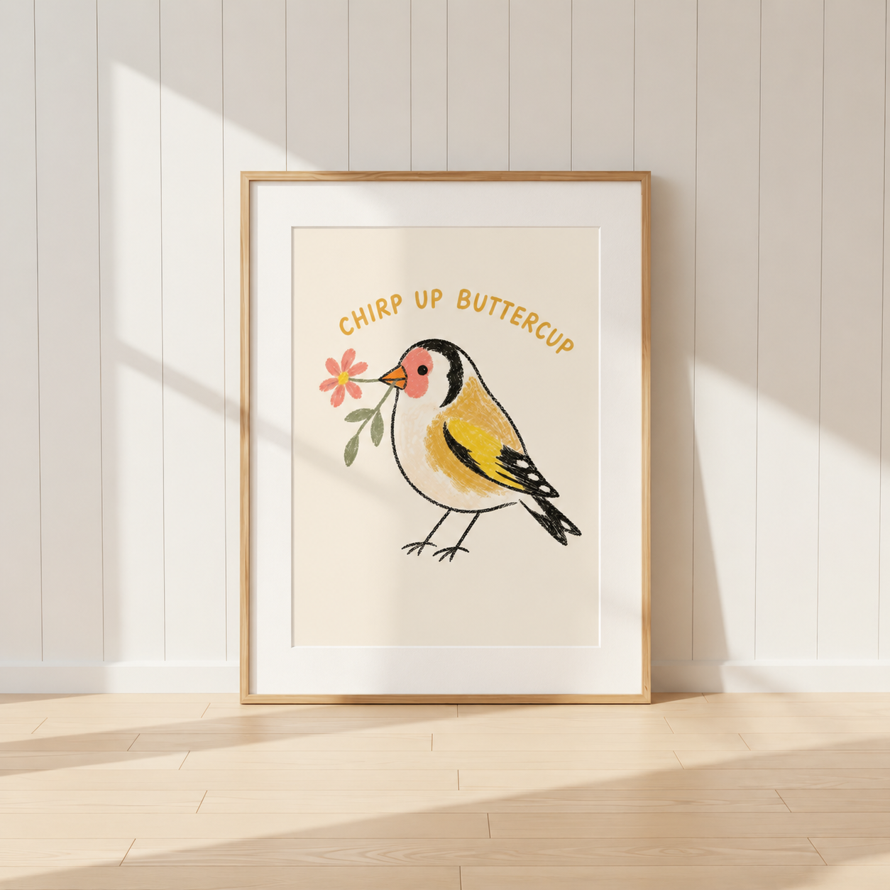 Chirp Up Buttercup goldfinch print featuring a hand-drawn bird holding a flower.