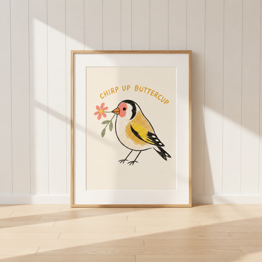 Chirp Up Buttercup goldfinch print featuring a hand-drawn bird holding a flower.