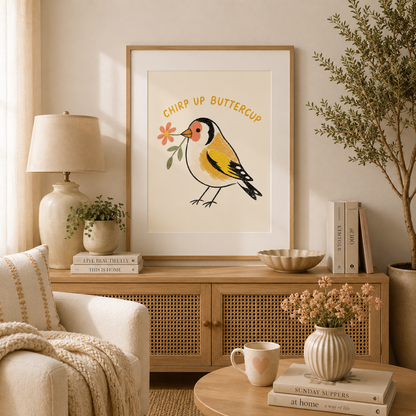 Funny goldfinch wall art with uplifting quote and colourful illustration.