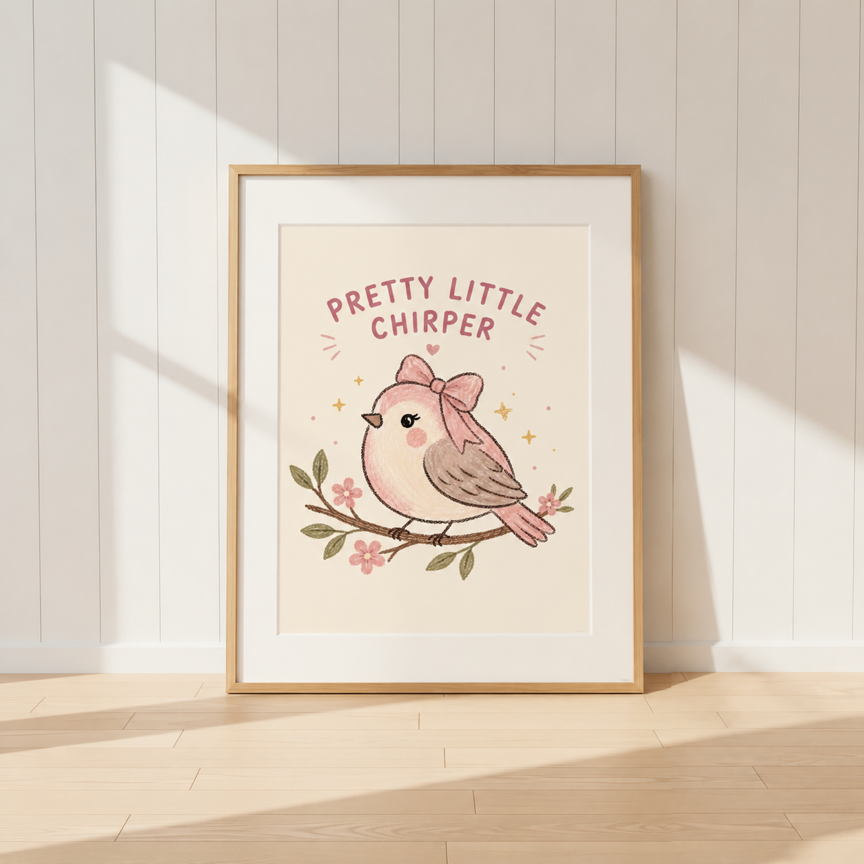 Pretty Little Chirper pink bird print featuring a bird with a bow and floral details.