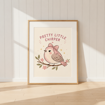 Pretty Little Chirper pink bird print featuring a bird with a bow and floral details.
