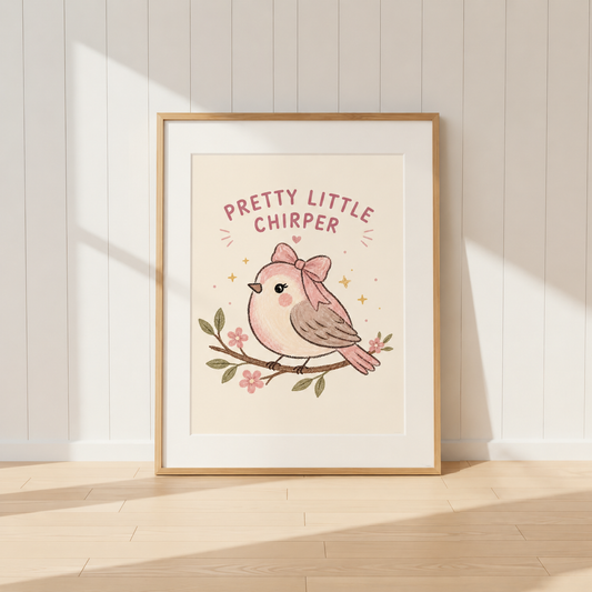 Pretty Little Chirper pink bird print featuring a bird with a bow and floral details.