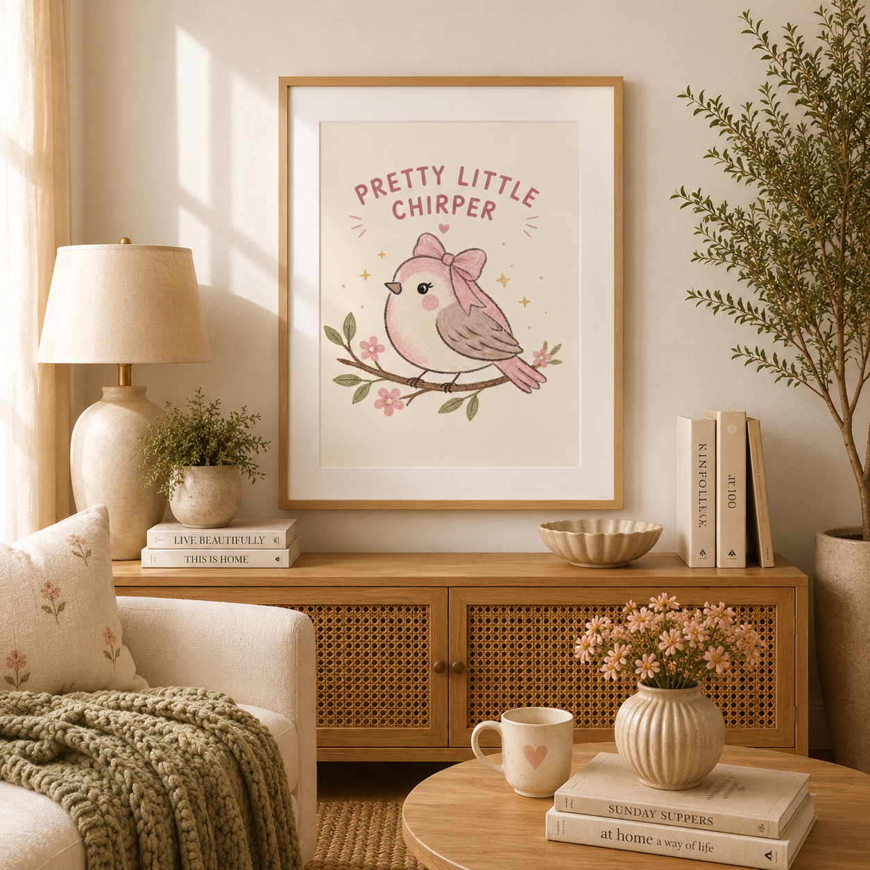Feminine bird wall art with pink tones, flowers and humorous quote.