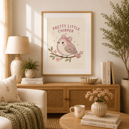 Feminine bird wall art with pink tones, flowers and humorous quote.