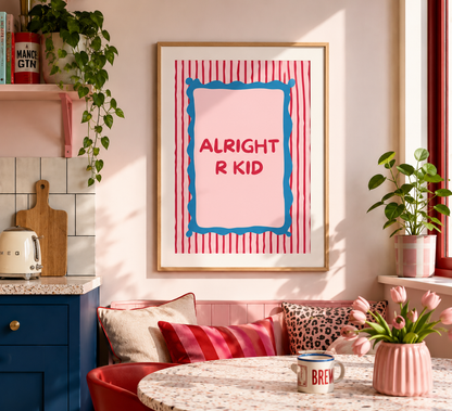 Manc saying wall art print in pink, red and blue colours displayed in a light oak frame.