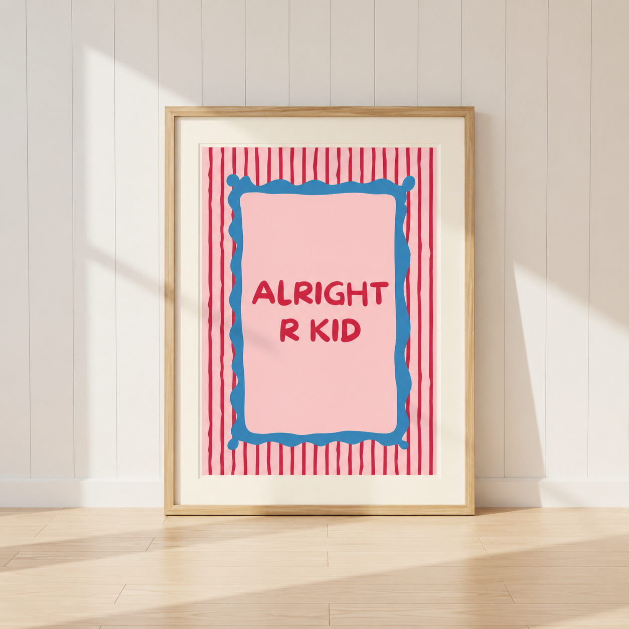 Alright R Kid Manchester wall art print featuring colourful typography and striped retro background.