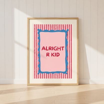 Alright R Kid Manchester wall art print featuring colourful typography and striped retro background.