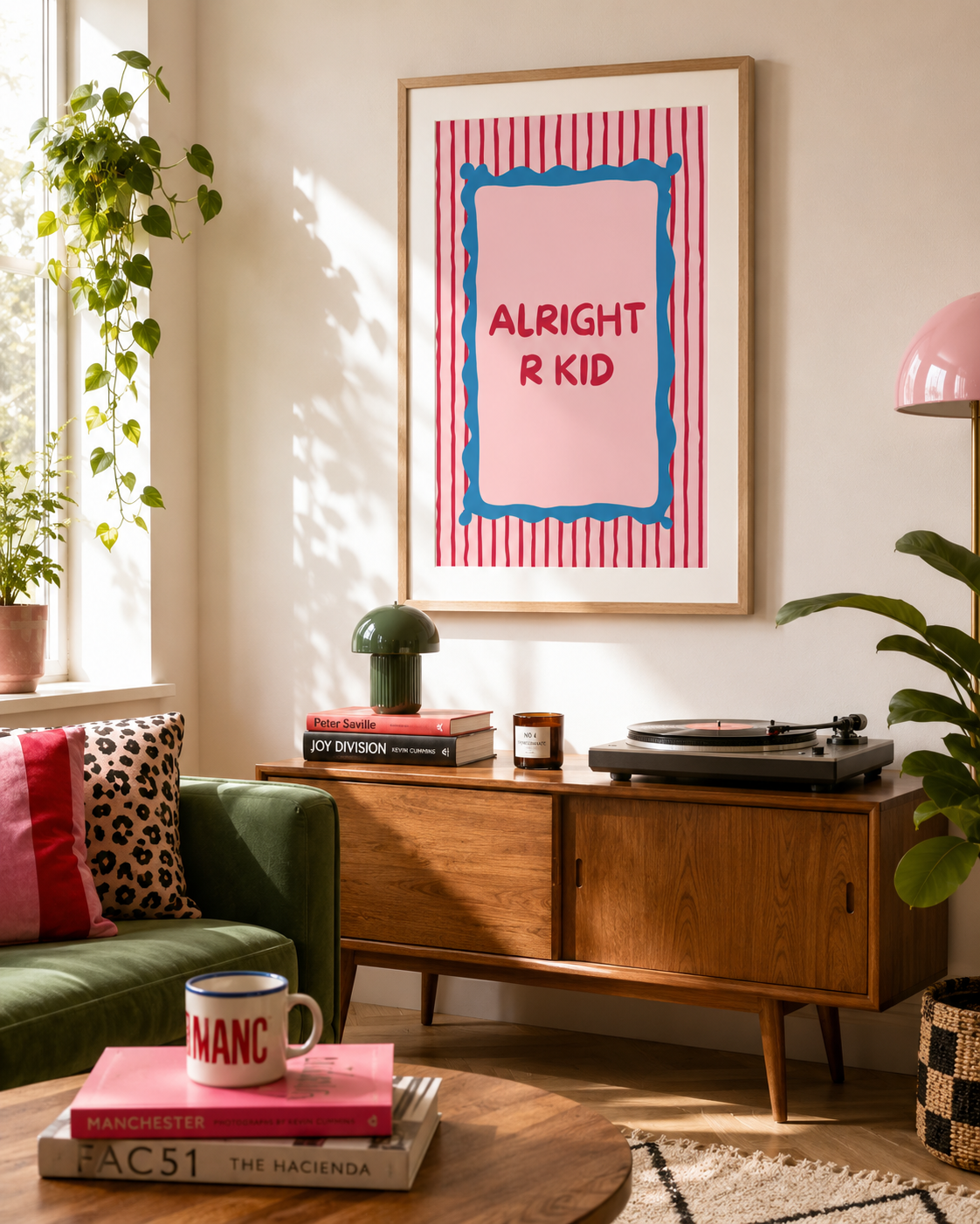 Contemporary Manchester typography poster featuring the phrase Alright R Kid for modern home decor.