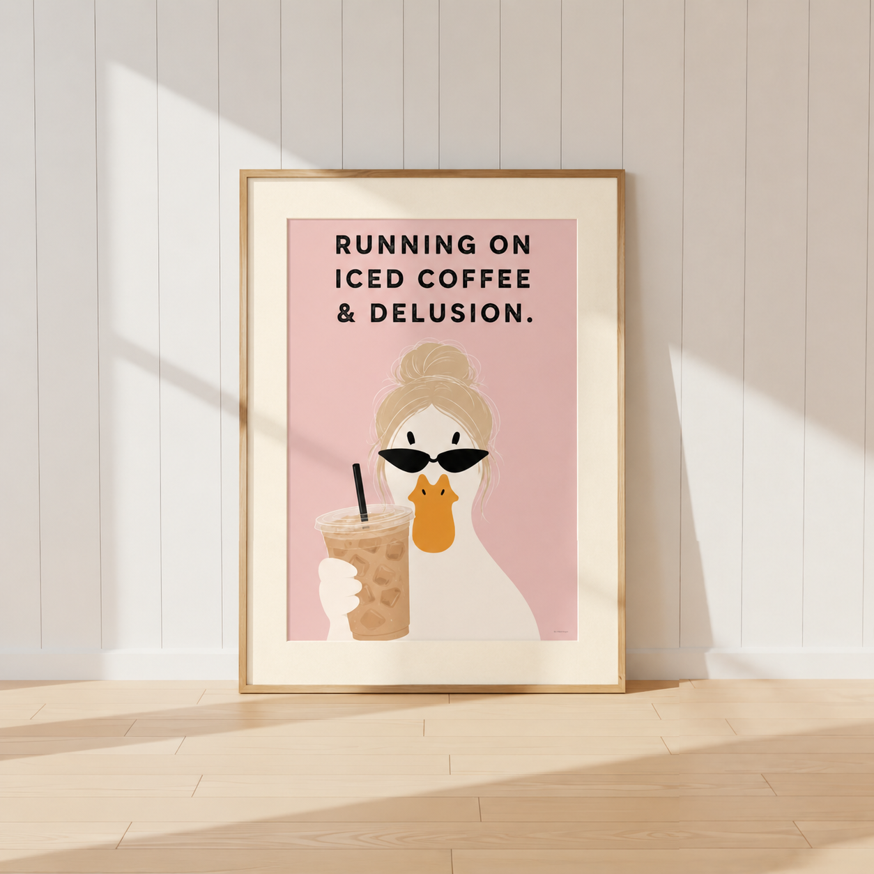 Funny duck wall art holding iced coffee featuring the quote Running On Iced Coffee And Delusion
