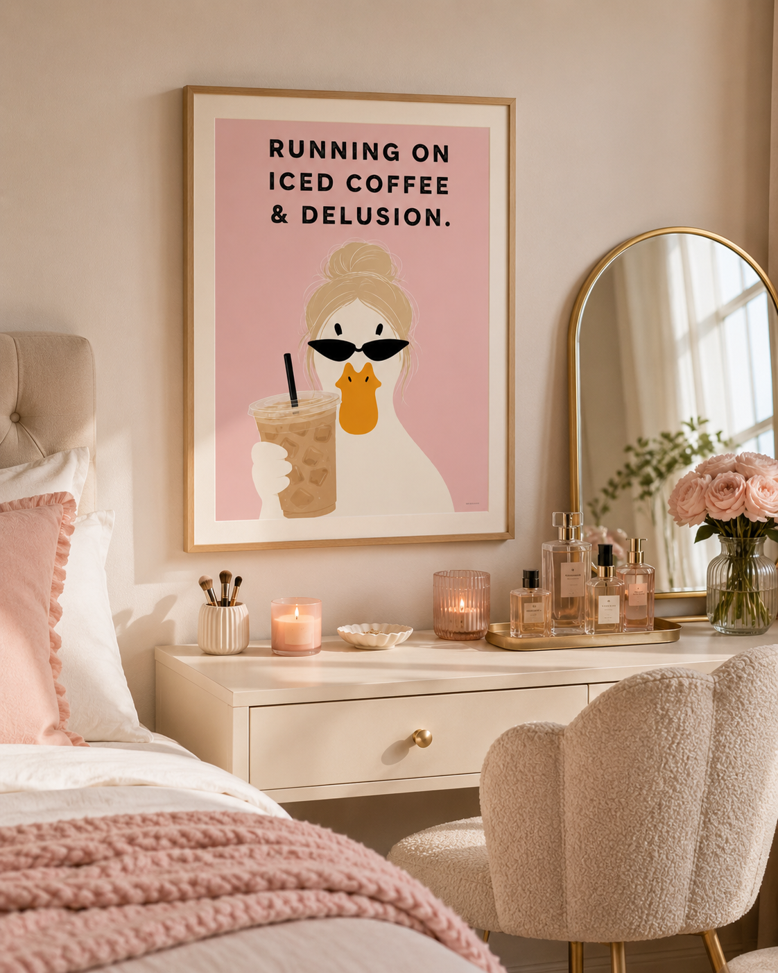 Pink coffee lover wall art with fashionable duck illustration and humorous quote