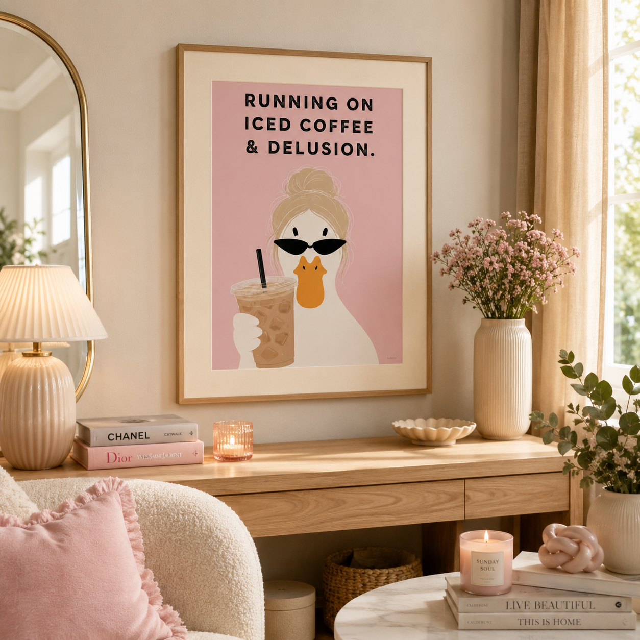 Coquette style duck print from the KG Print Boutique Duck Collection featuring iced coffee and sunglasses