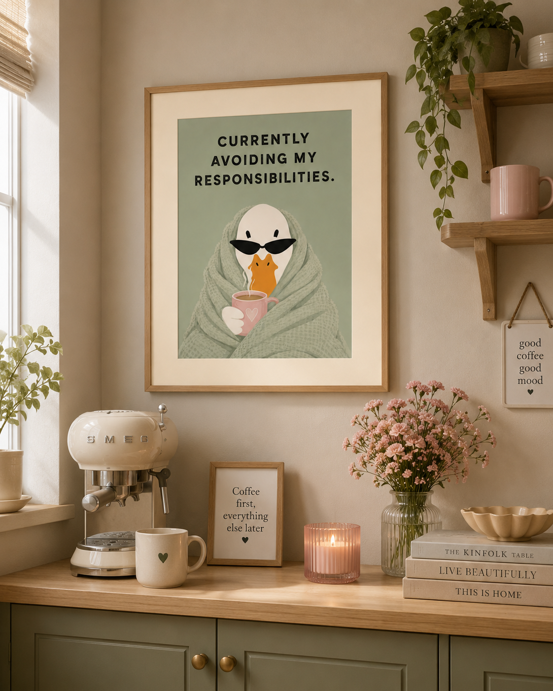 Cosy duck wall art from the KG Print Boutique Duck Collection featuring blanket and coffee illustration