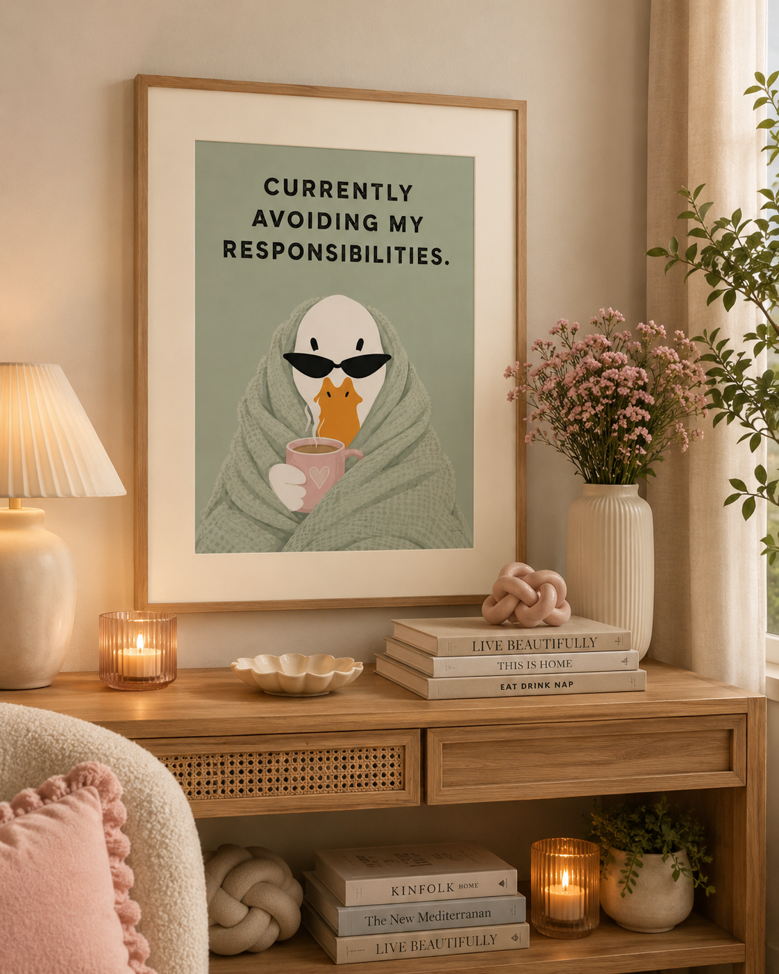 Home office duck print with sage green background and humorous procrastination quote