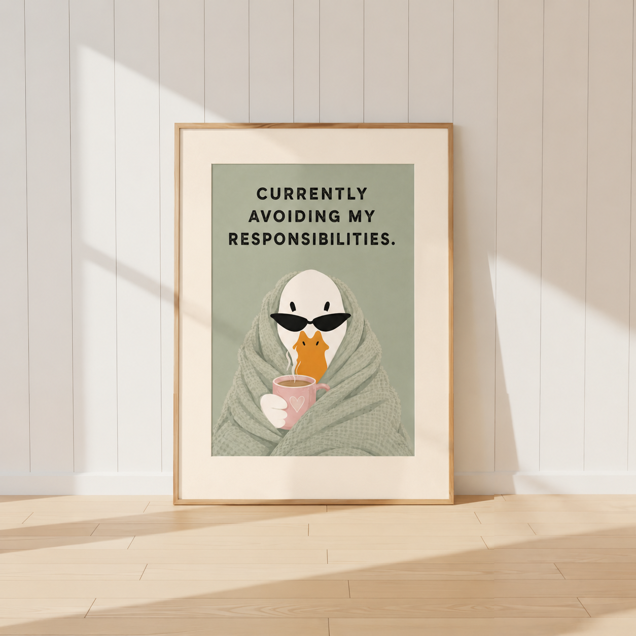 Funny duck wall art featuring a duck wrapped in a blanket with the quote Currently Avoiding My Responsibilities

