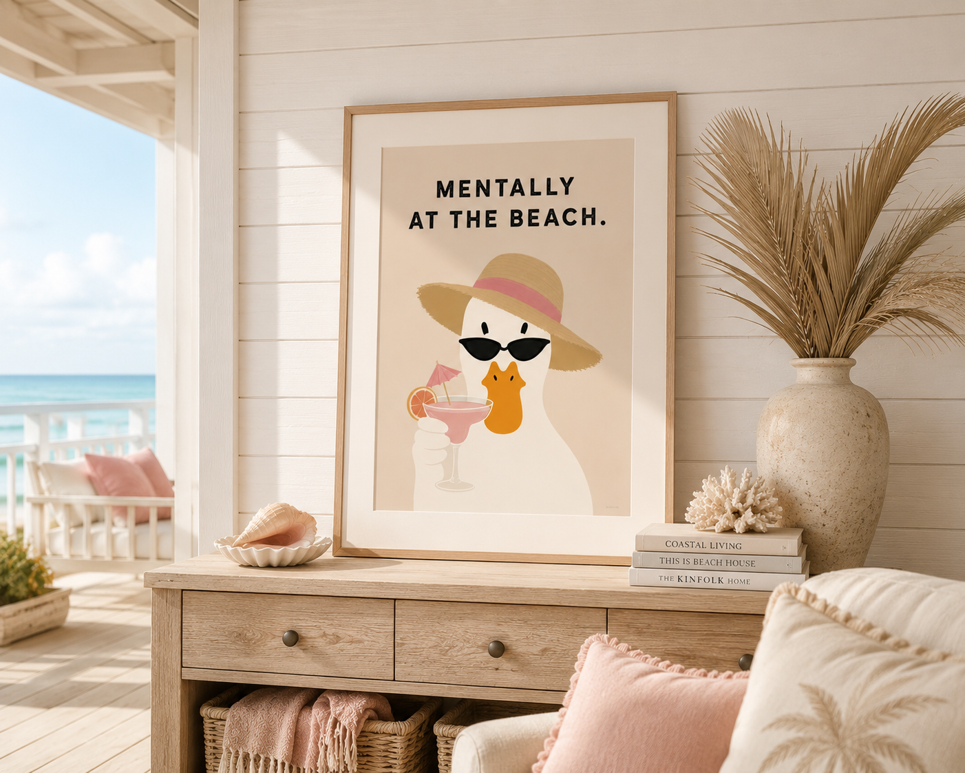 Coastal inspired duck print with sun hat and cocktail for beach themed home décor
