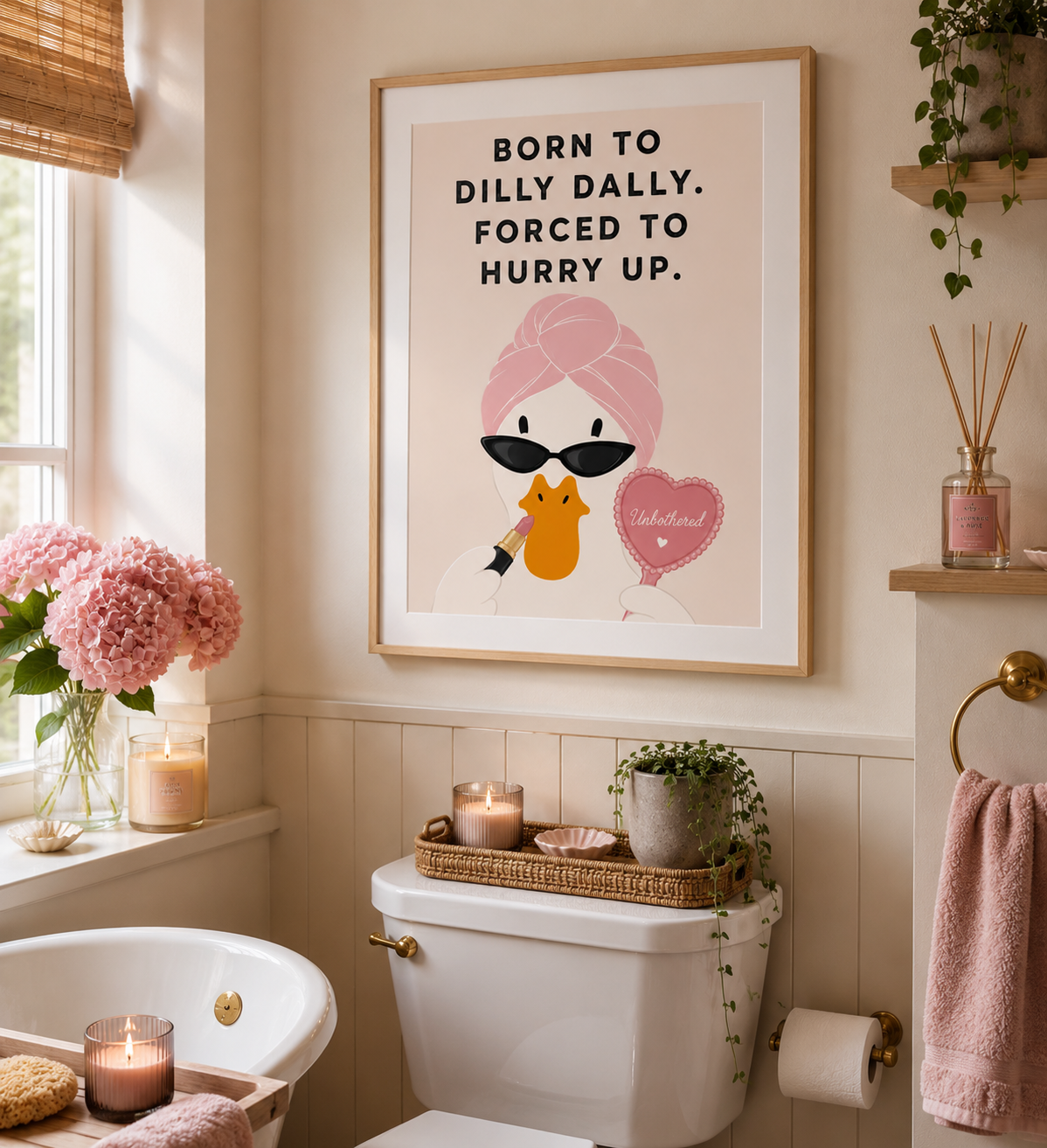 Blush pink duck print from the KG Print Boutique Duck Collection featuring lipstick and mirror illustration