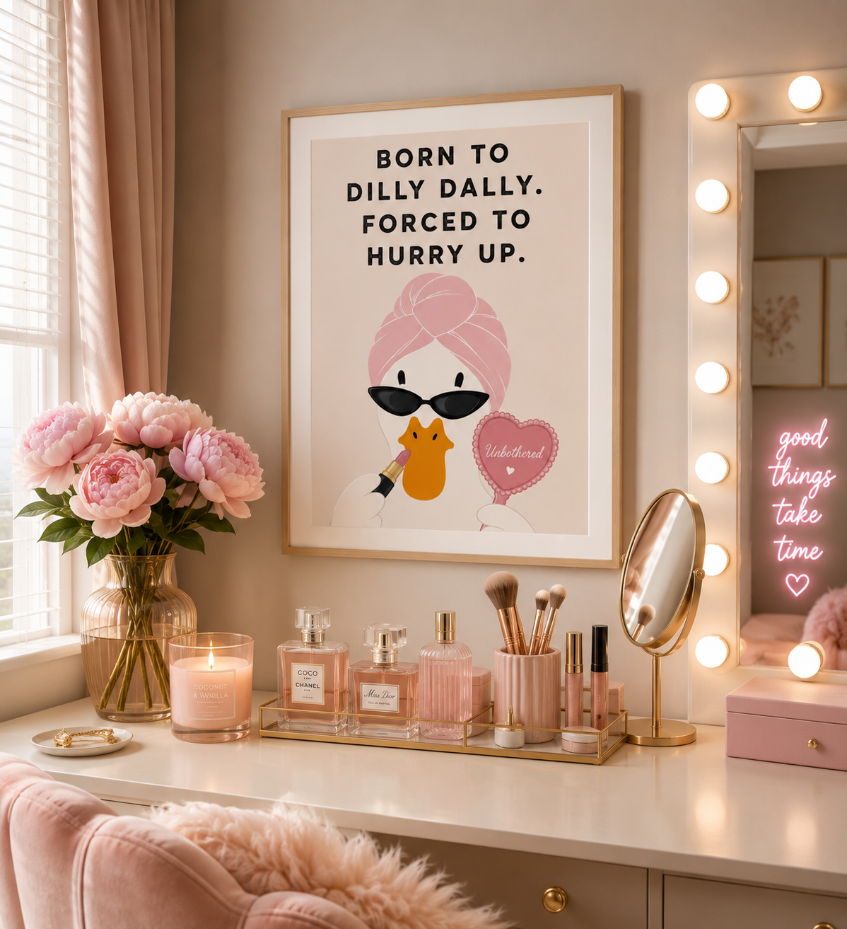 Pink bathroom wall art with fashionable duck illustration and humorous quote