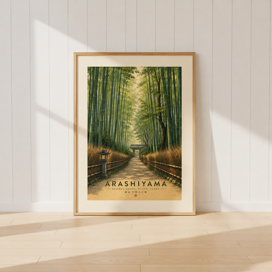 Arashiyama Bamboo Grove travel poster featuring Kyoto's famous bamboo forest pathway.
