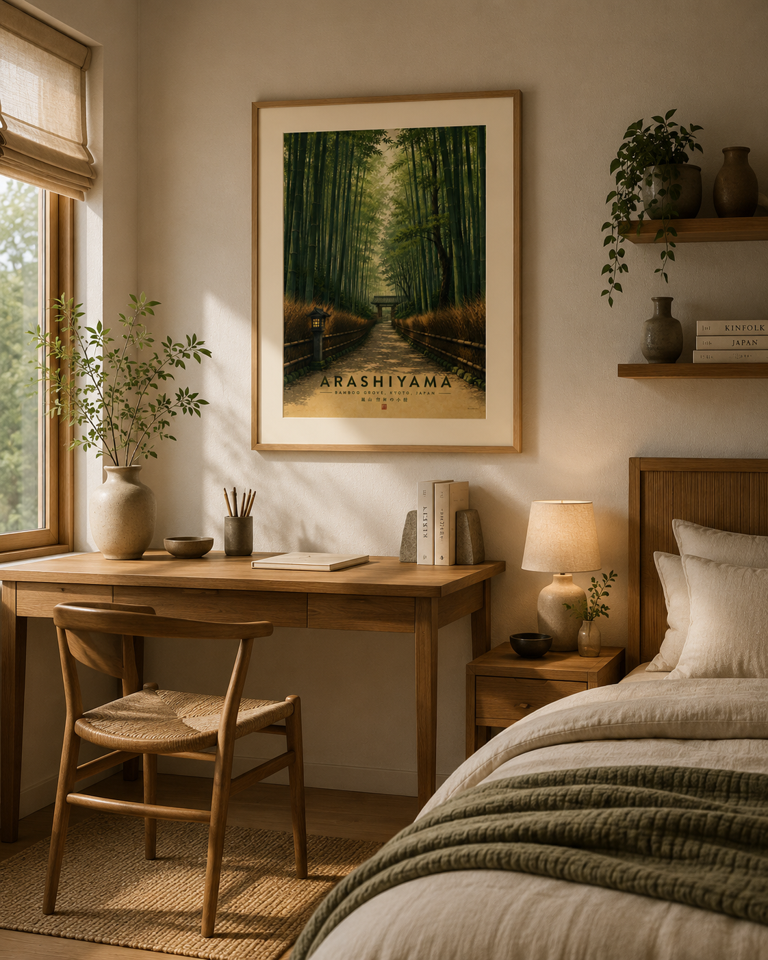 Vintage travel poster of Arashiyama Bamboo Grove with traditional Japanese scenery and calming green tones.