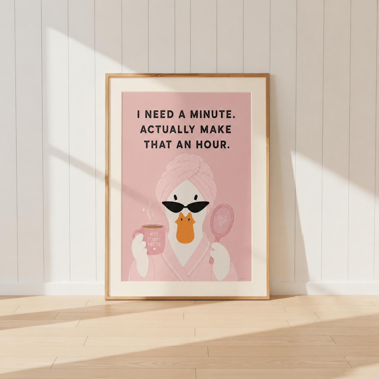 Funny pink duck wall art featuring a duck in a spa towel with the quote I Need A Minute Actually Make That An Hour