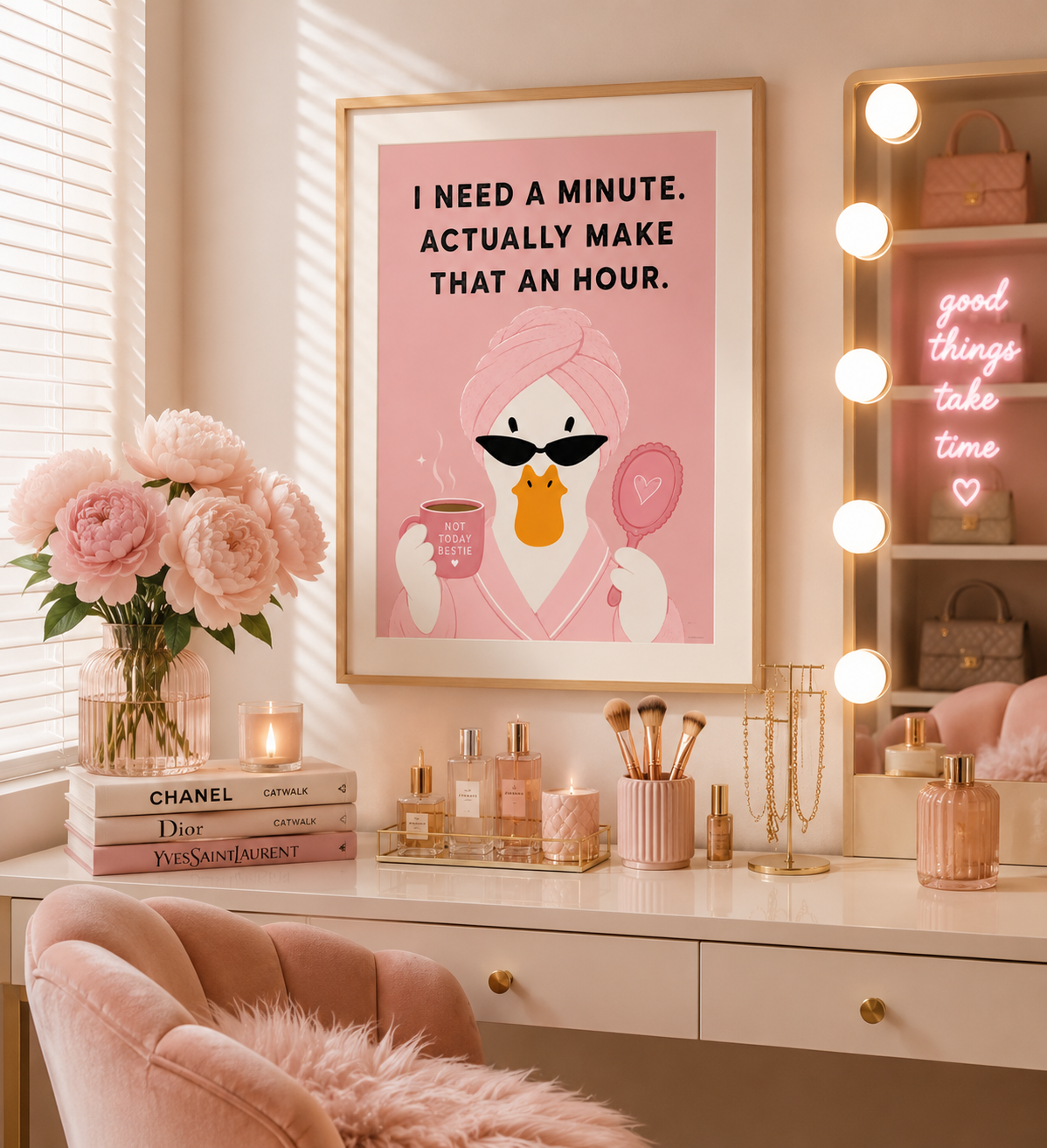 Bathroom duck print with self care theme and blush pink colour palette