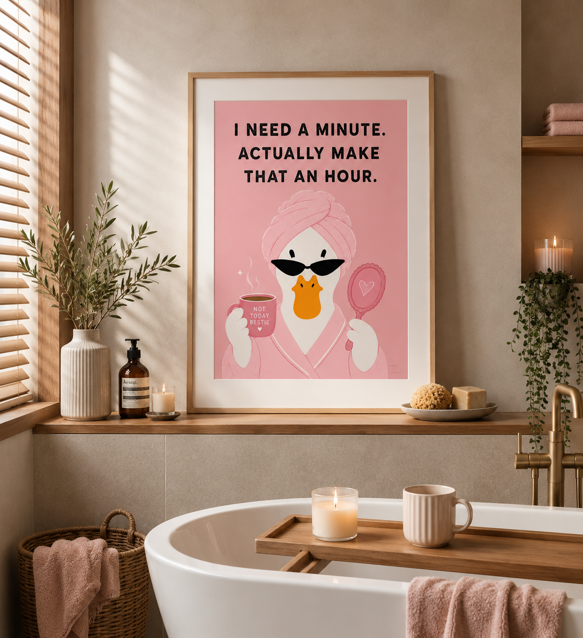 Fashion duck wall art from the KG Print Boutique Duck Collection featuring spa robe coffee mug and mirror