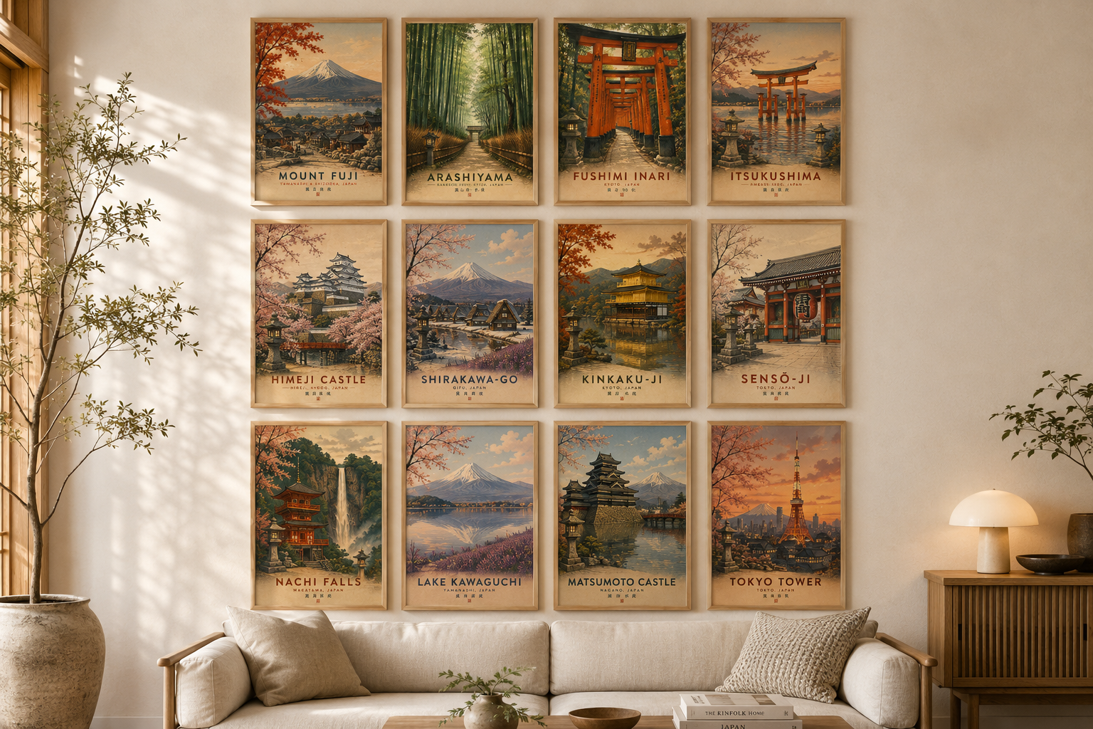 Collection of vintage Japanese travel posters featuring Mount Fuji, Himeji Castle, Fushimi Inari Shrine, Arashiyama Bamboo Grove and iconic landmarks across Japan, designed for Japandi and minimalist interiors.