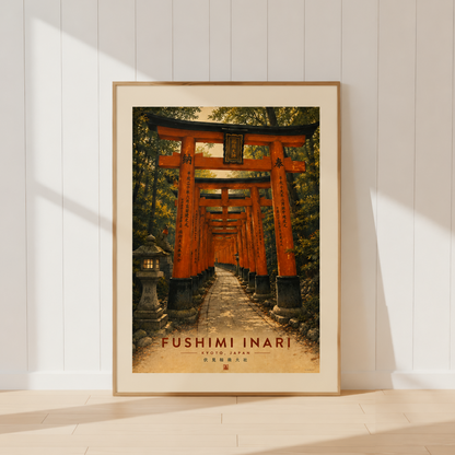 Fushimi Inari travel poster featuring Kyoto's famous red torii gate pathway.