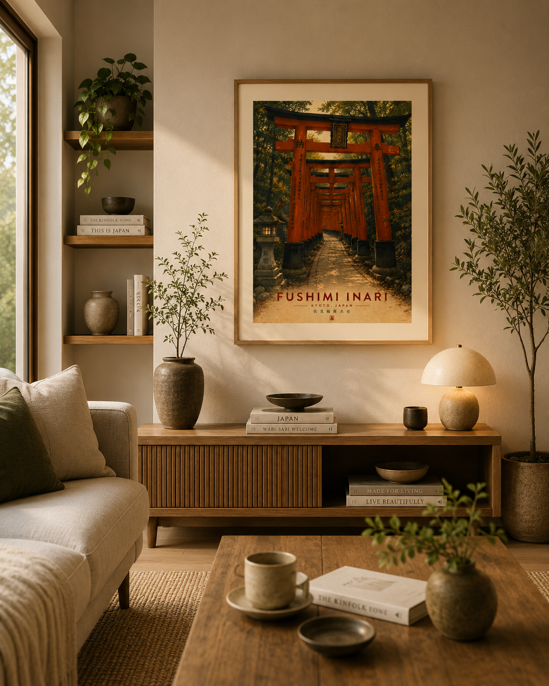 Vintage travel poster of Fushimi Inari Taisha with traditional Japanese scenery and iconic torii gates.