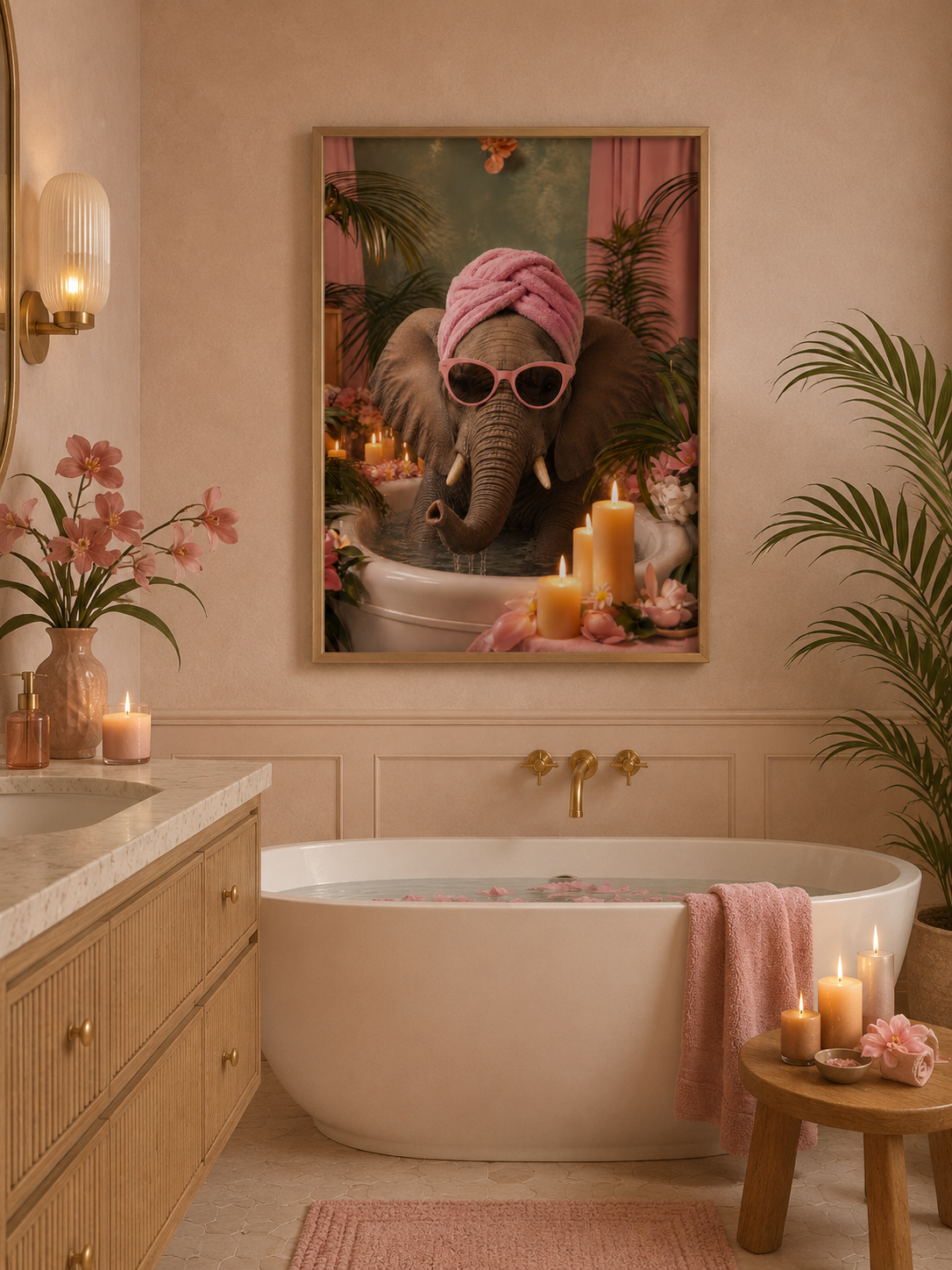 Pink Elephant Spa Bathroom Wall Art Print | Funny Luxe Animal Poster