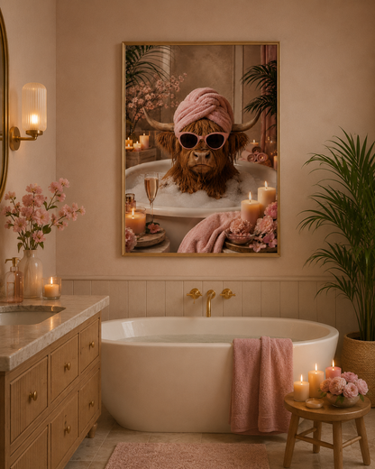 Highland Cow Bathroom Wall Art Print | Pink Spa Animal Poster