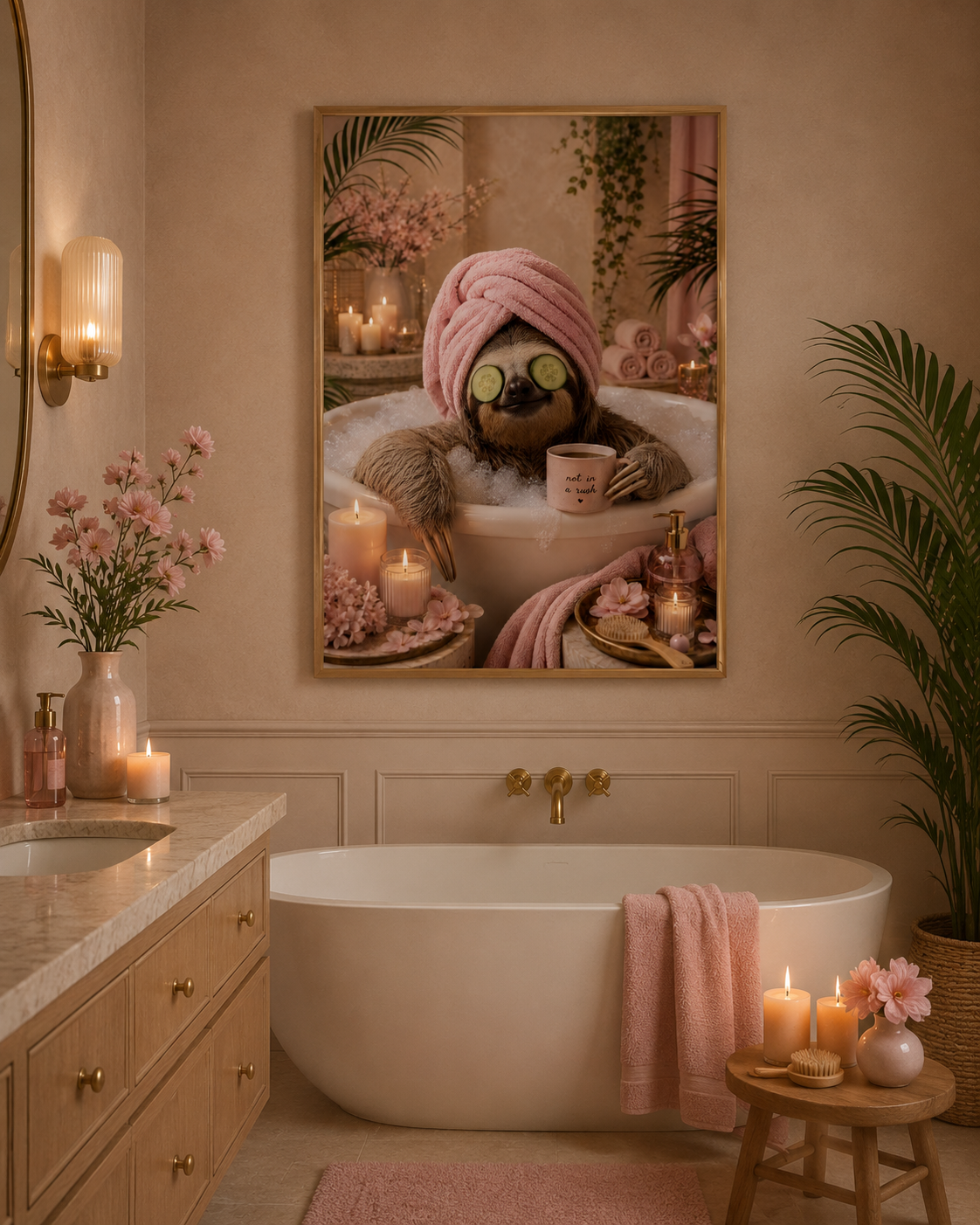 Funny Sloth Bathroom Wall Art Print | Pink Spa Animal Poster