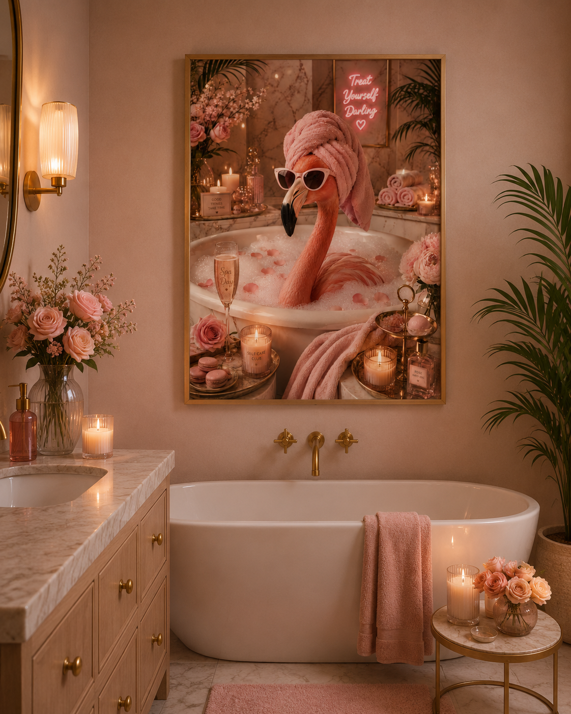 Pink Flamingo Bathroom Wall Art Print | Glam Spa Animal Poster