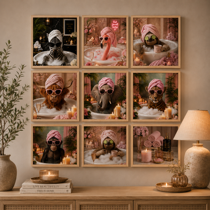 Pink Elephant Spa Bathroom Wall Art Print | Funny Luxe Animal Poster