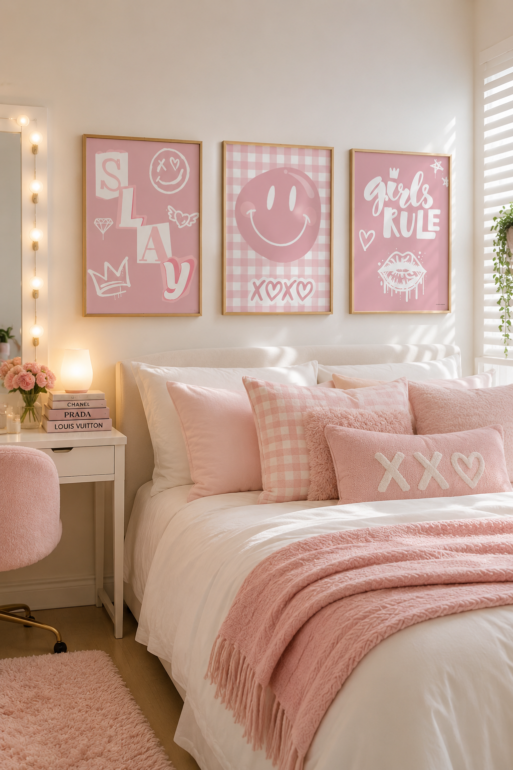 Pink Preppy Girls Bedroom Wall Art Set | Coquette Smiley Face Prints
