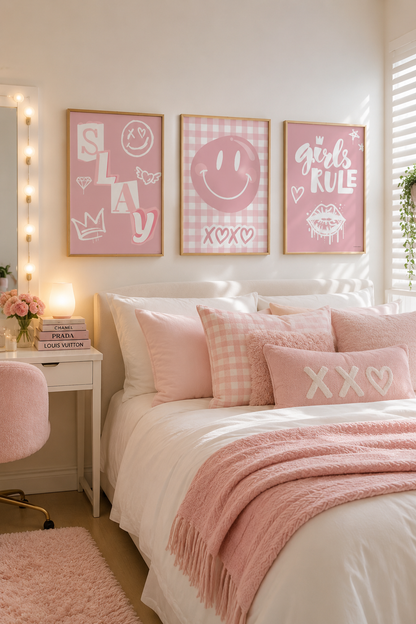 Pink Preppy Girls Bedroom Wall Art Set | Coquette Smiley Face Prints
