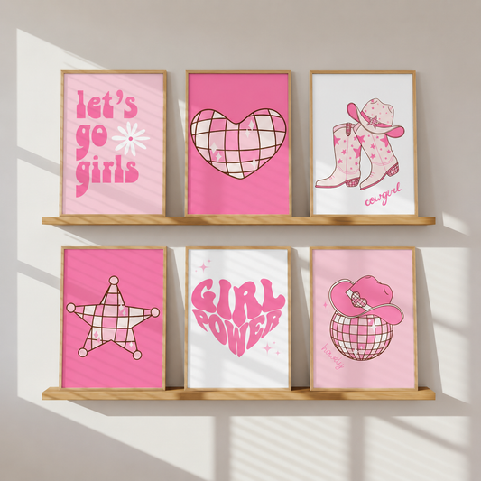 Pink Cowgirl Disco Wall Art Set of 6 | Girls Bedroom Prints | Western Pink Decor