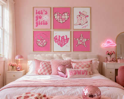 Pink Cowgirl Disco Wall Art Set of 6 | Girls Bedroom Prints | Western Pink Decor