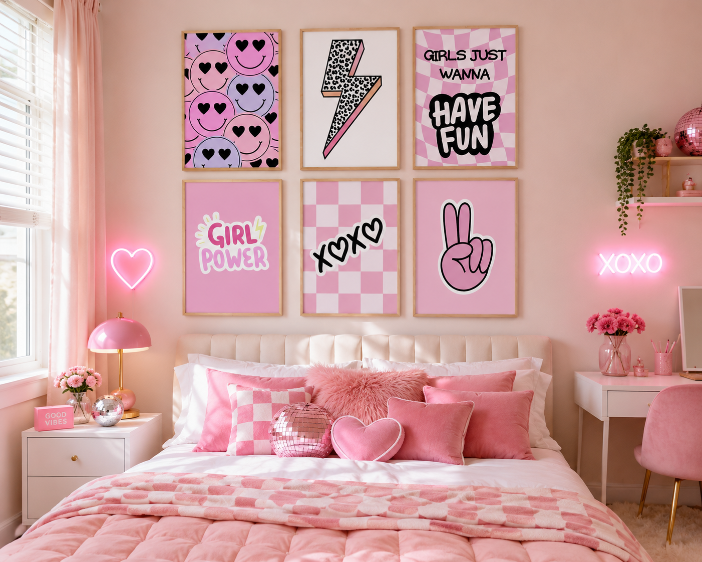 Preppy pink gallery wall collection with checkerboard patterns, peace signs and coquette-inspired decor.