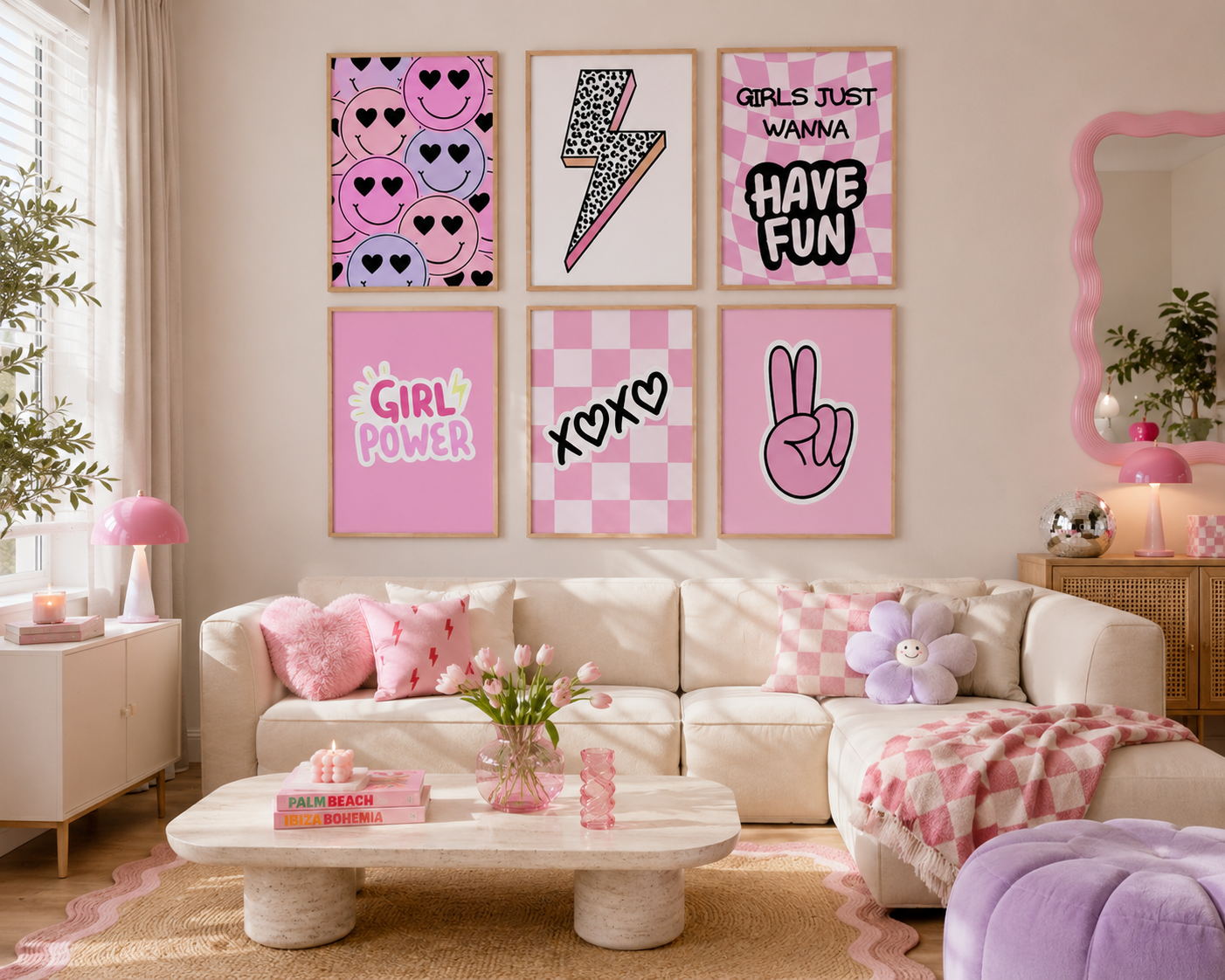 Set of six pink girls bedroom posters with girl power quotes, smiley faces and playful illustrations for modern feminine spaces.