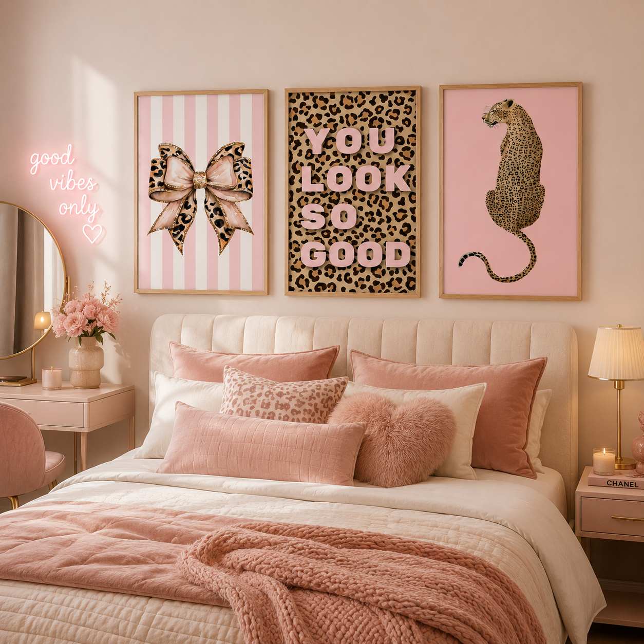 Pink Leopard Bow Wall Art Set | Coquette Glam Bedroom Prints